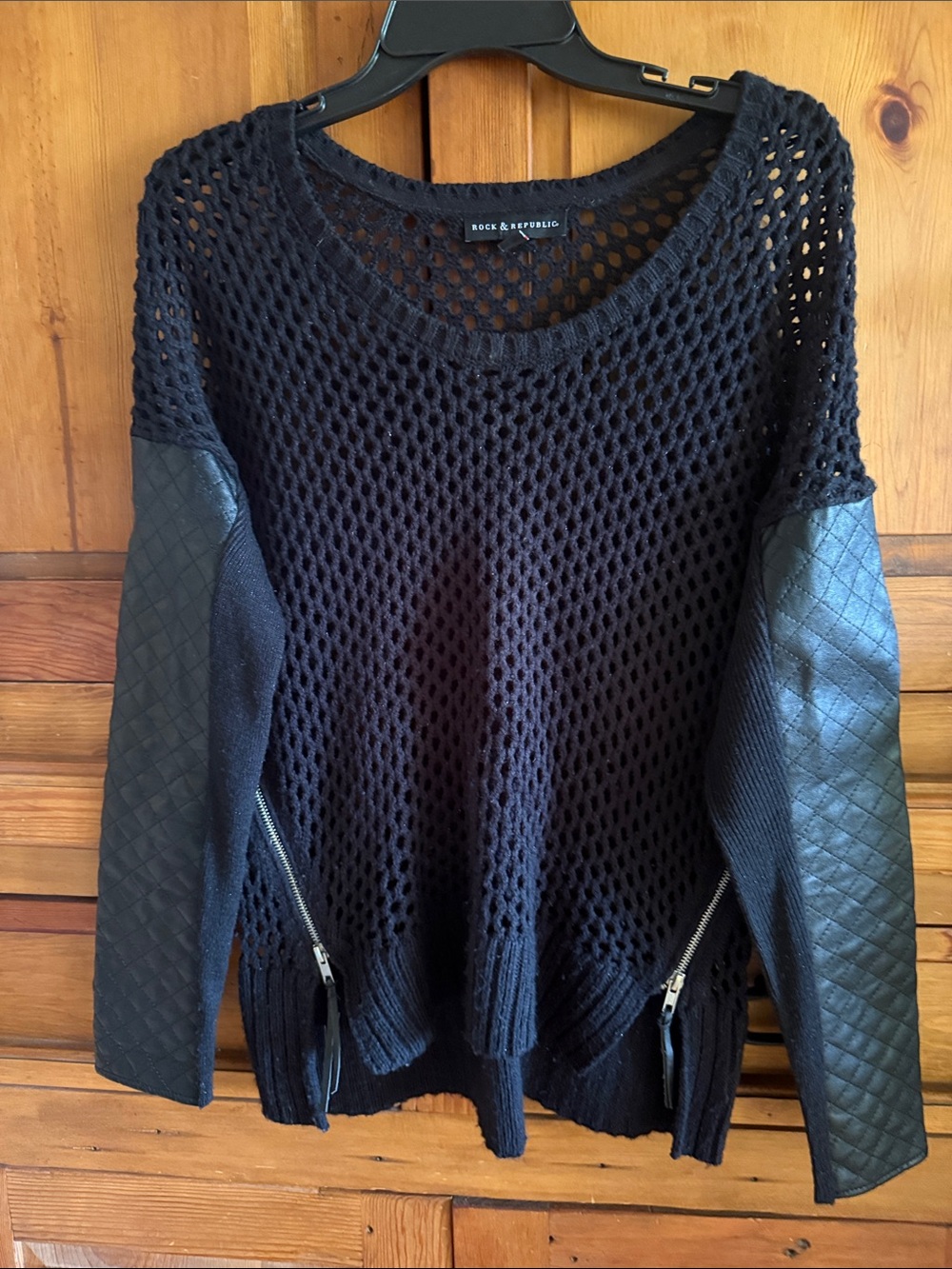Rock and Republic Black mesh Sweater with Quilted faux Leather Sleeves